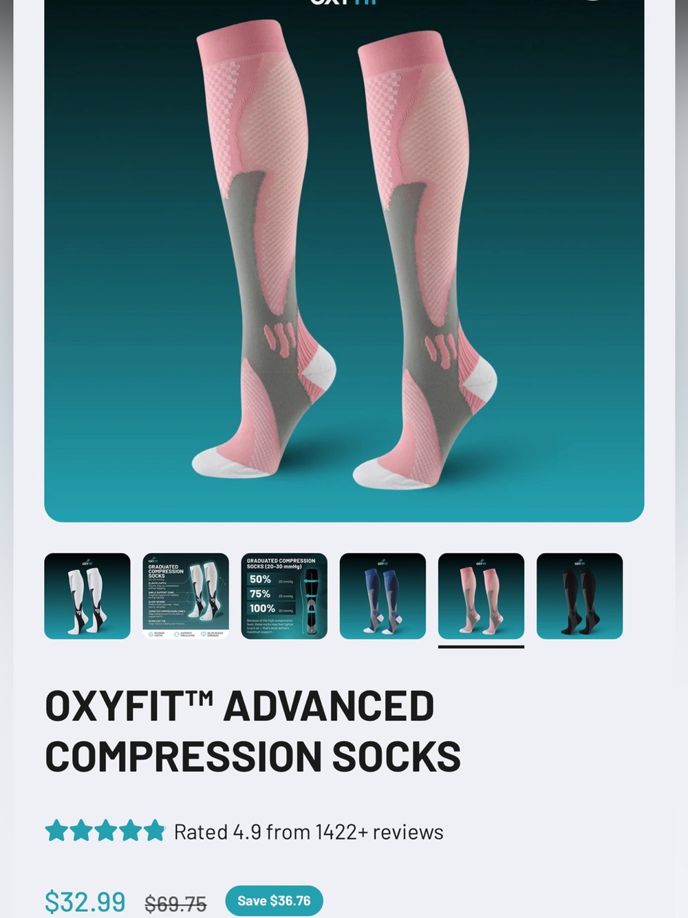 OXYFIT™ Advanced Compression Athletic Socks - Pink/Gray New 2 pairs